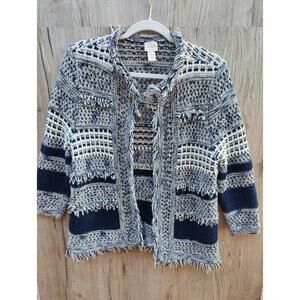 Chico's Knit‎ Fringe Open Front Cardigan Jacket BoHo Artisan Nautical  SZ S.M